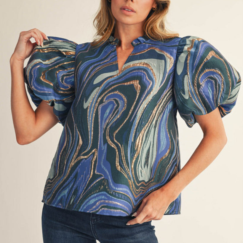 Short Puff Sleeves Abstract Jacquard Top