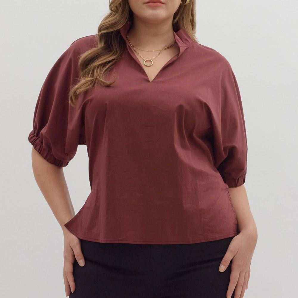 Solid Puff Sleeve Top Featuring V-neck With Standing Collar