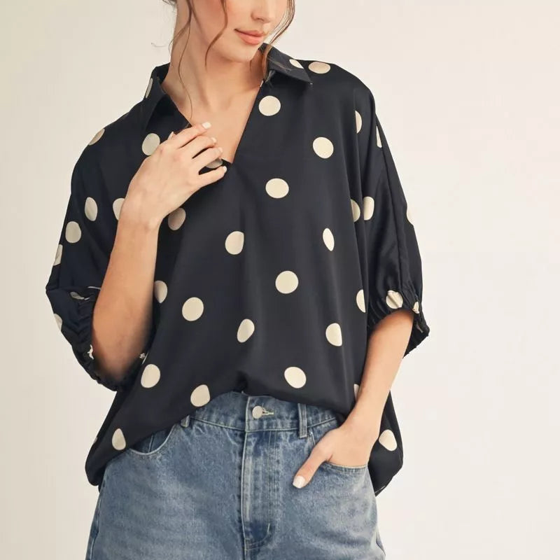 Drop Shoulder Polka Dot Satin Top