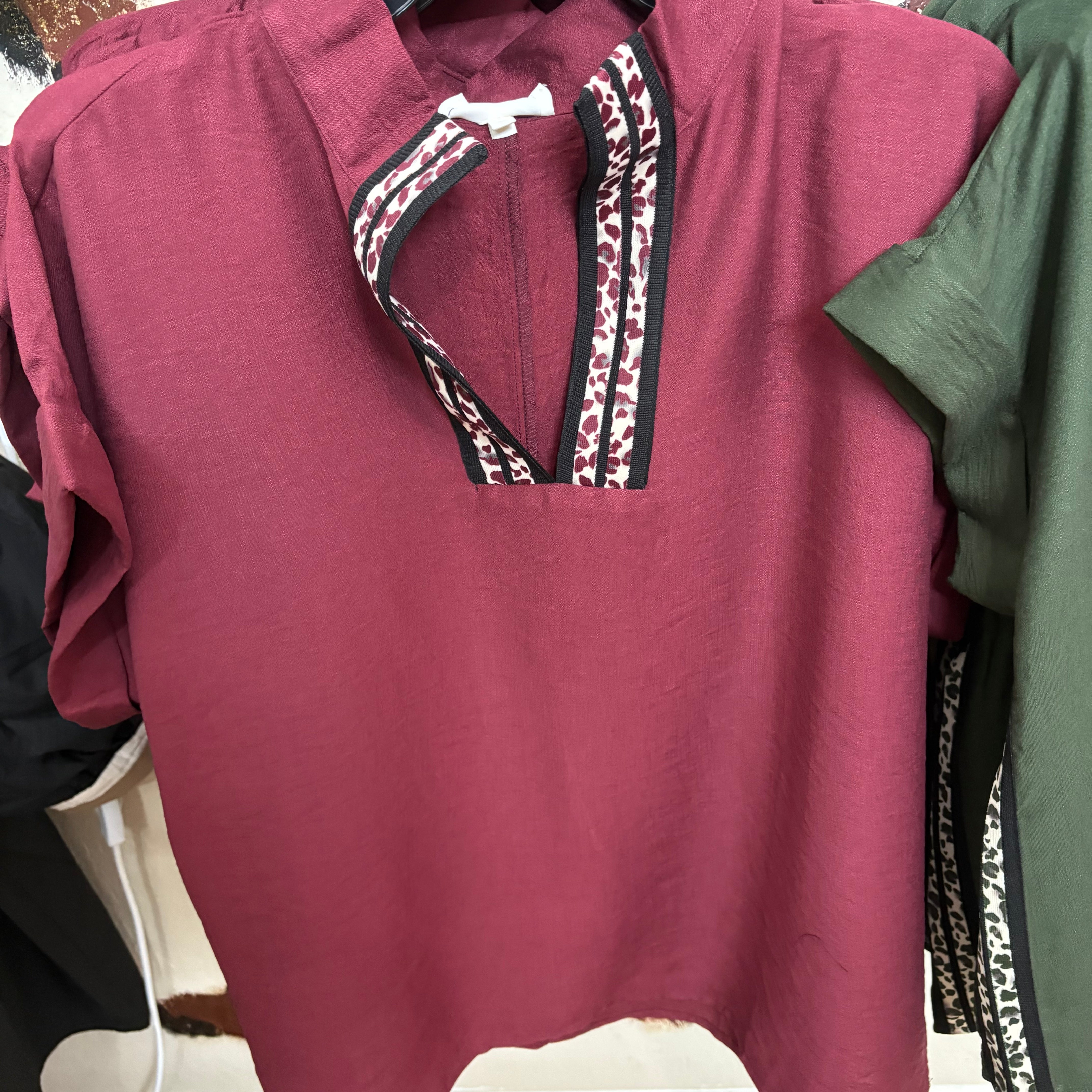 Leopard Trim Collar Top