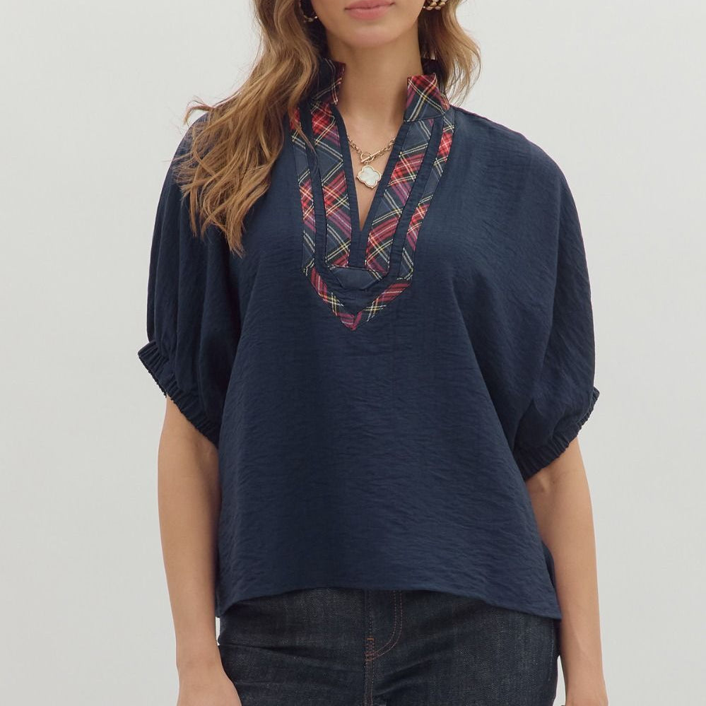 Solid Short Sleeve Dolman Top With Plaid Pattern Contrast High V-Neck Band Accent