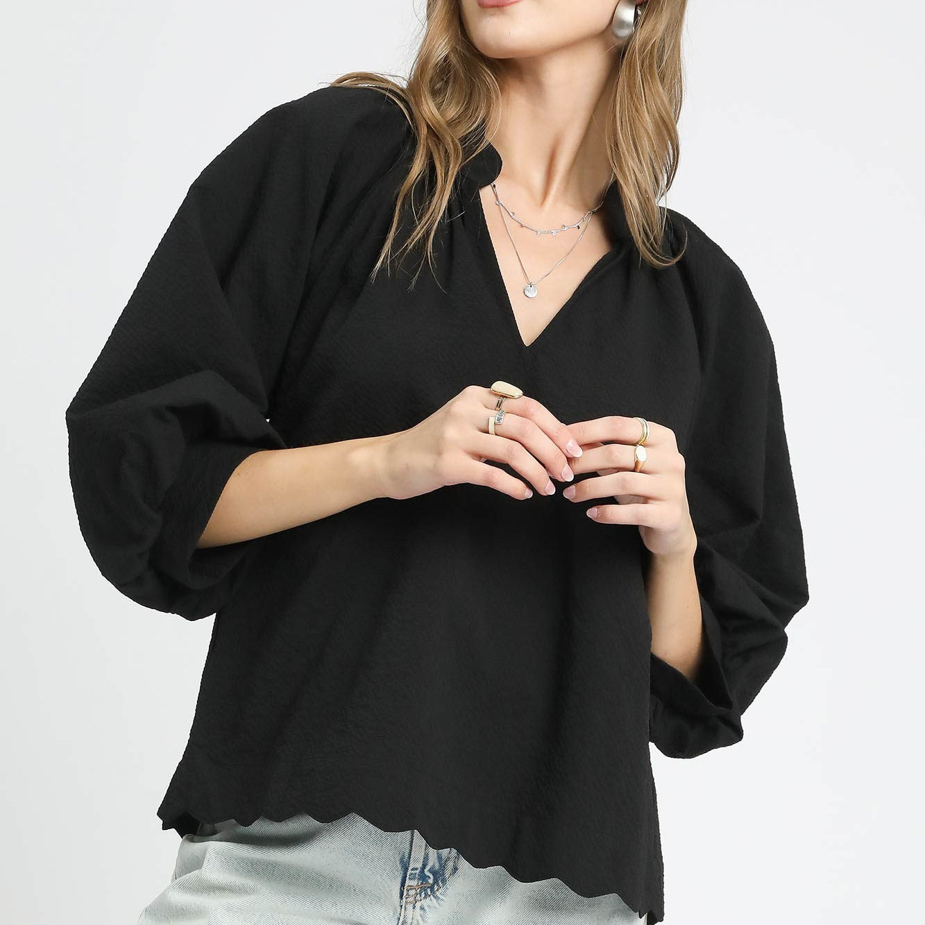 Split V Neck Top with Balloon Sleeves