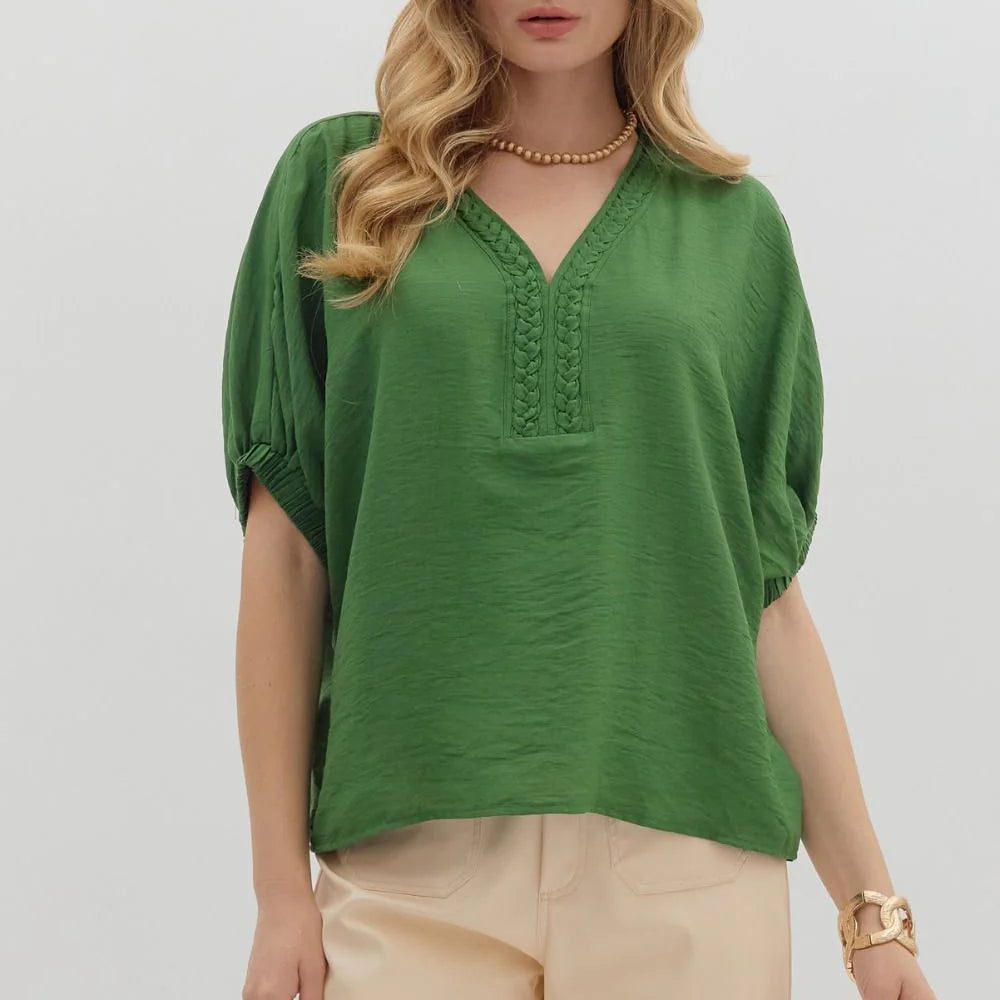 Solid Dolman Top With V-Neck