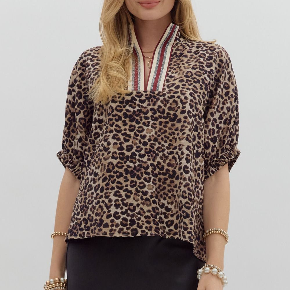 Leopard Print Elasticated Sleeve Band Dolman Top