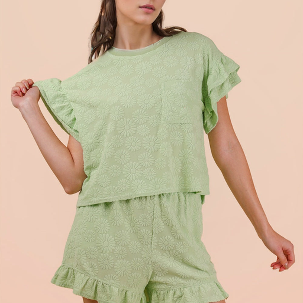 Floral Textured Ruffled Knit Top & Shorts Set