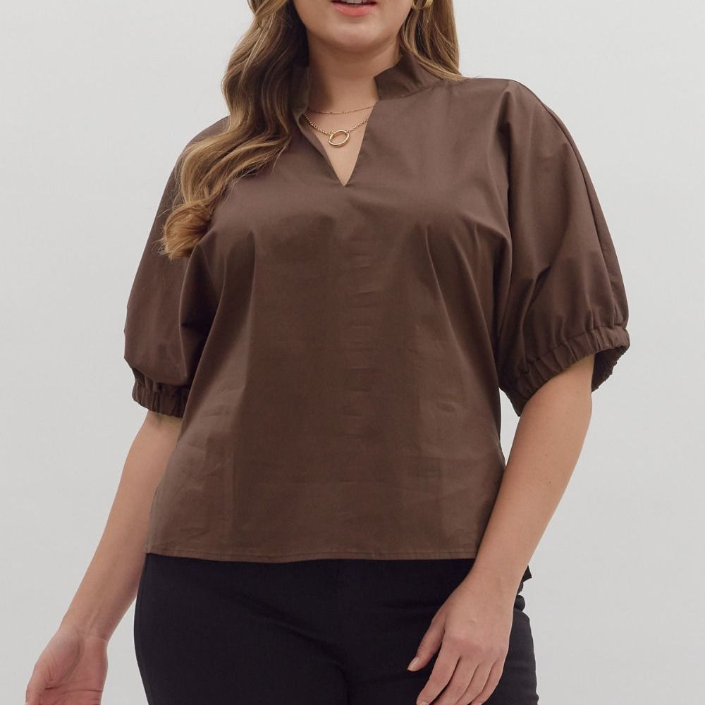 Solid Puff Sleeve Top Featuring V-neck With Standing Collar