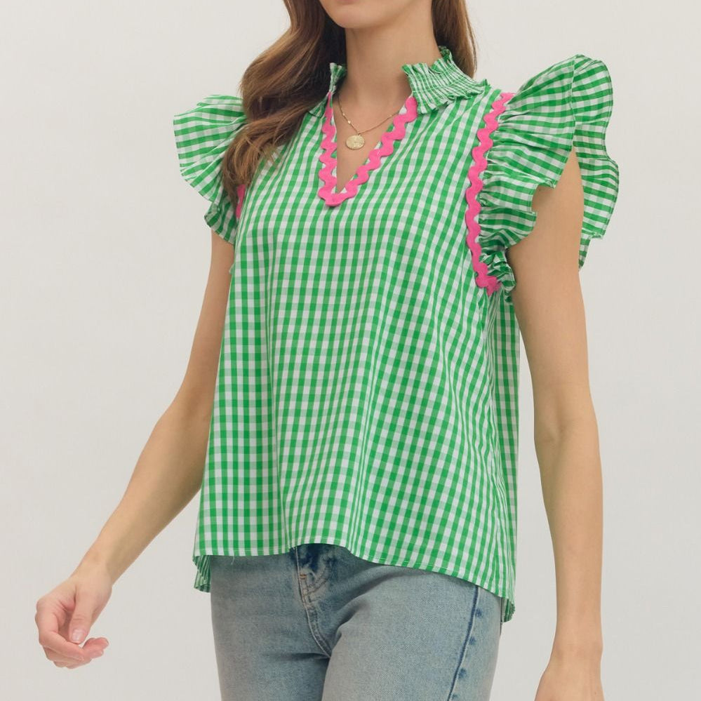 Check Print Flutter Sleeve Top