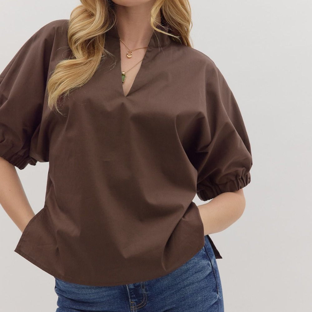 Solid Puff Sleeve Top Featuring V-neck With Standing Collar