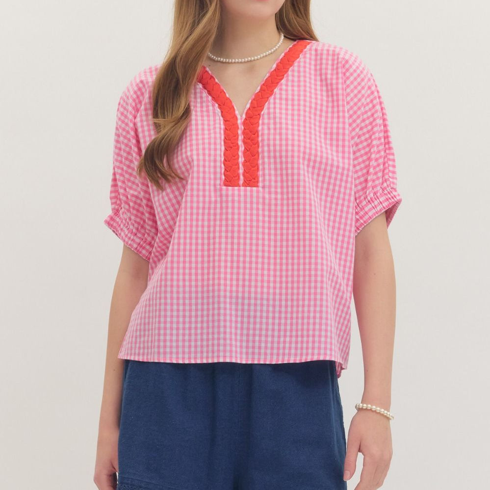 Gingham Short Puff Sleeve Top