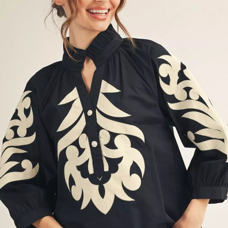 3/4 Sleeves Baroque Applique Detail Top With Ruffled Neckline