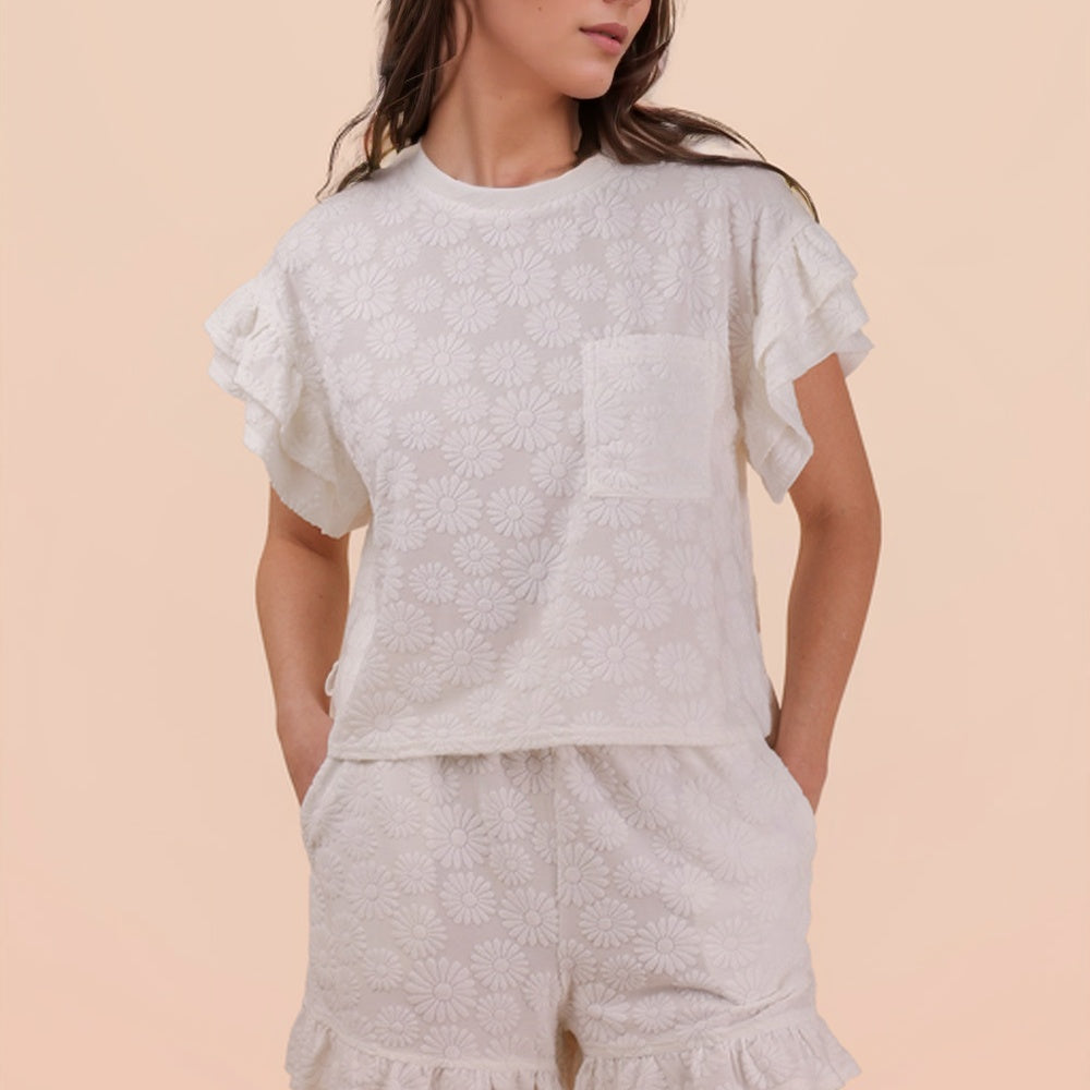 Floral Textured Ruffled Knit Top & Shorts Set