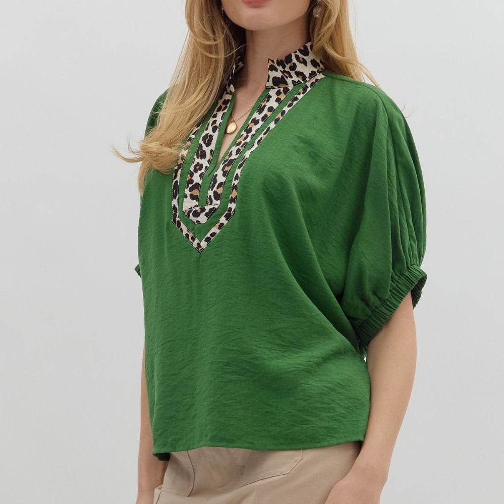 GREEN DOLMAN TOP WITH LEOPARD PRINT NECK