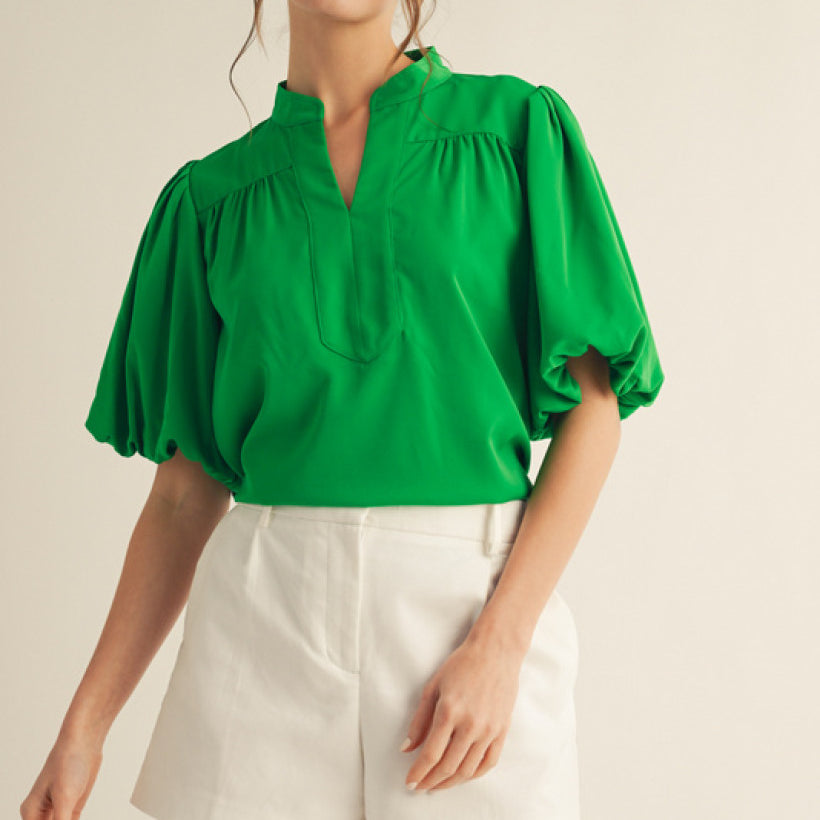 Short Puff Sleeves Mock Neck Top