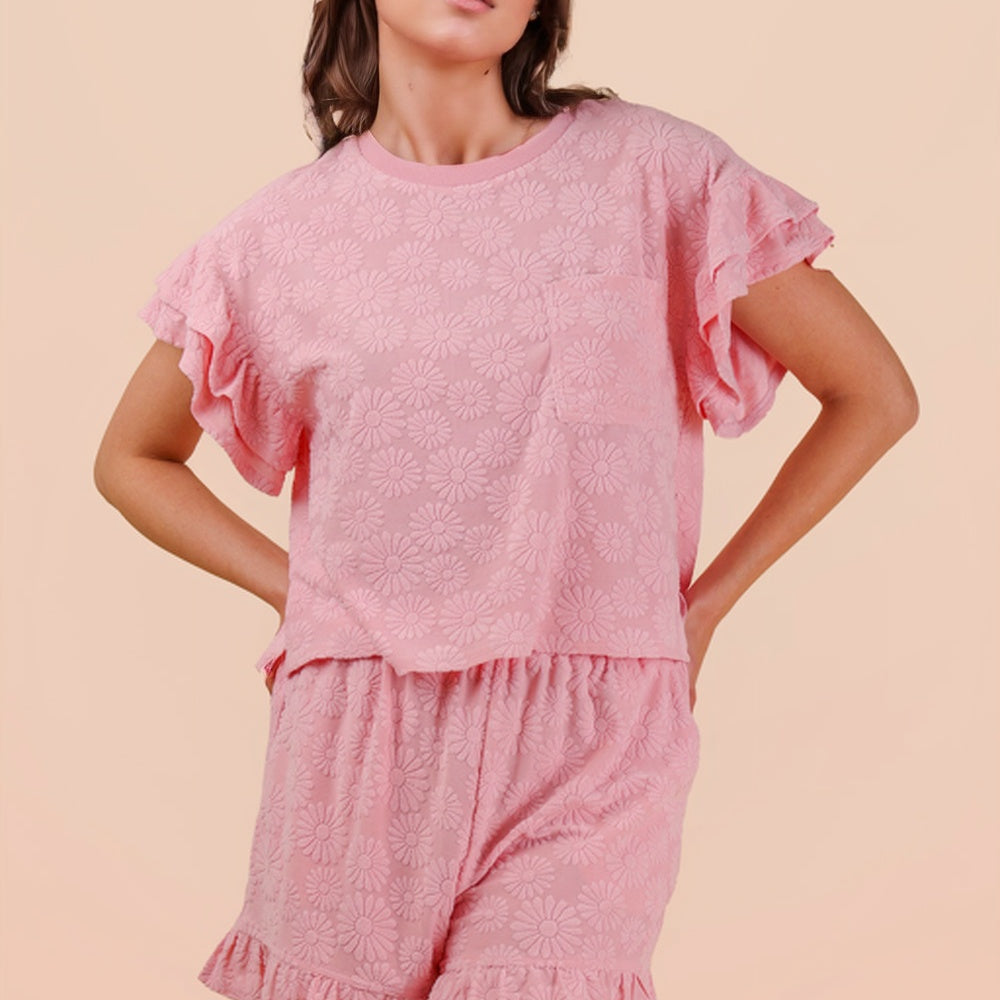 Floral Textured Ruffled Knit Top & Shorts Set