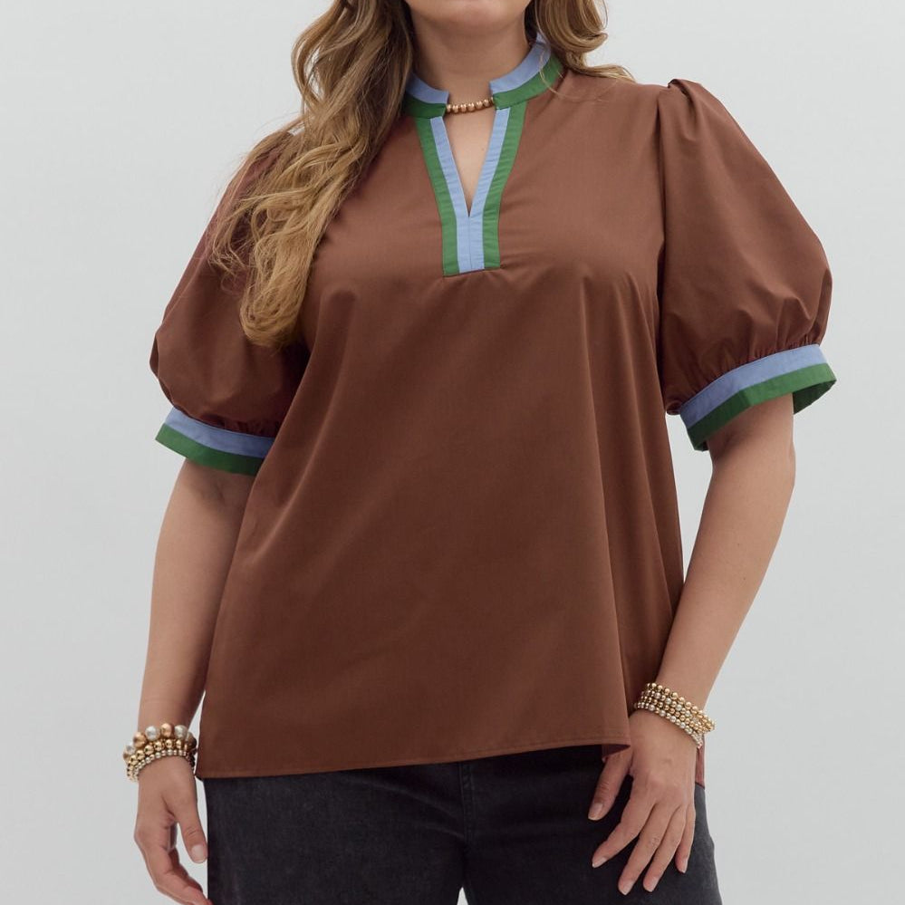 Chocolate Solid Short Bubble Sleeve Featuring Multicolor Band Finish