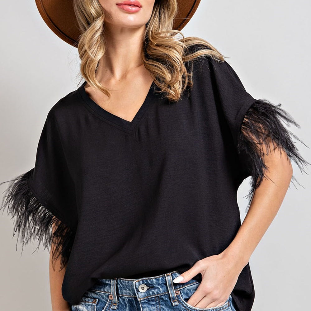 Feather V-Neck Short Sleeve Top